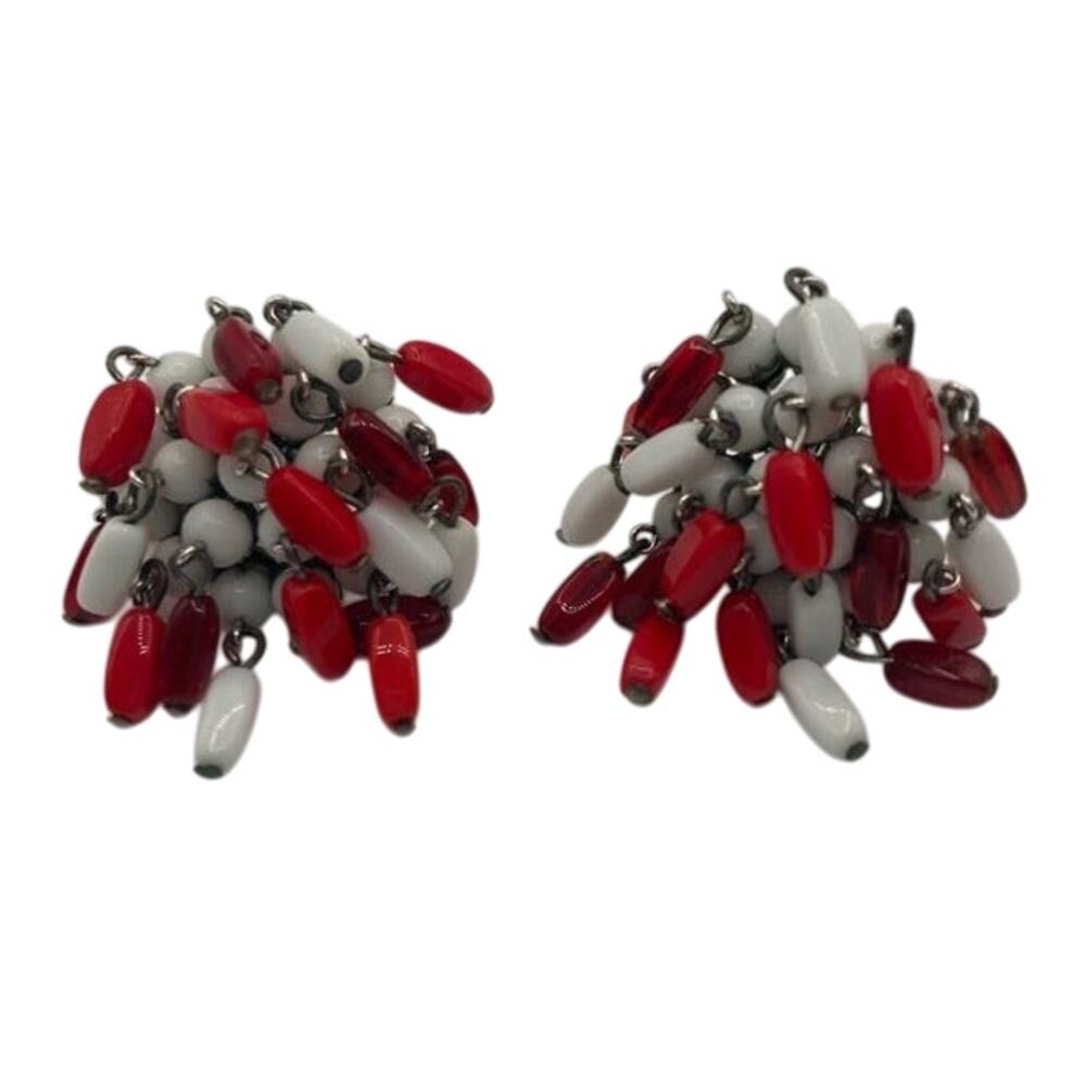 Vogue Vintage Dangle Lucite Beads Red and White Clip On Earrings 1960s 1970s